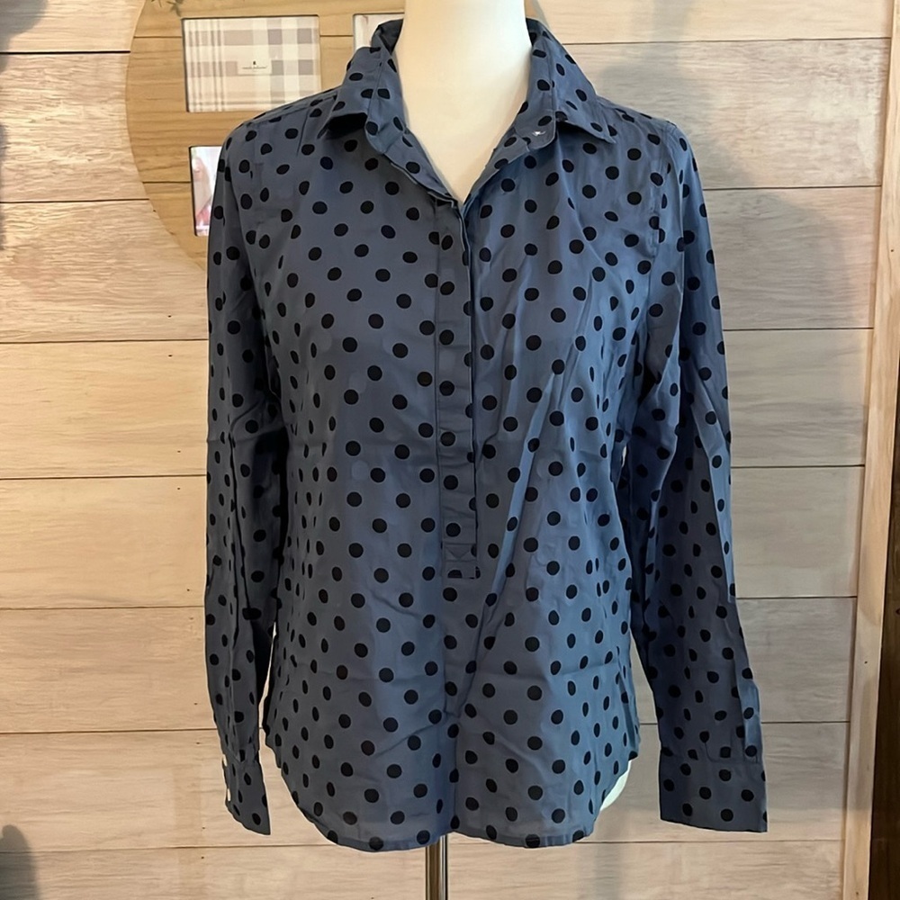 J Crew Blue Polka Dot Long Sleeve Top S